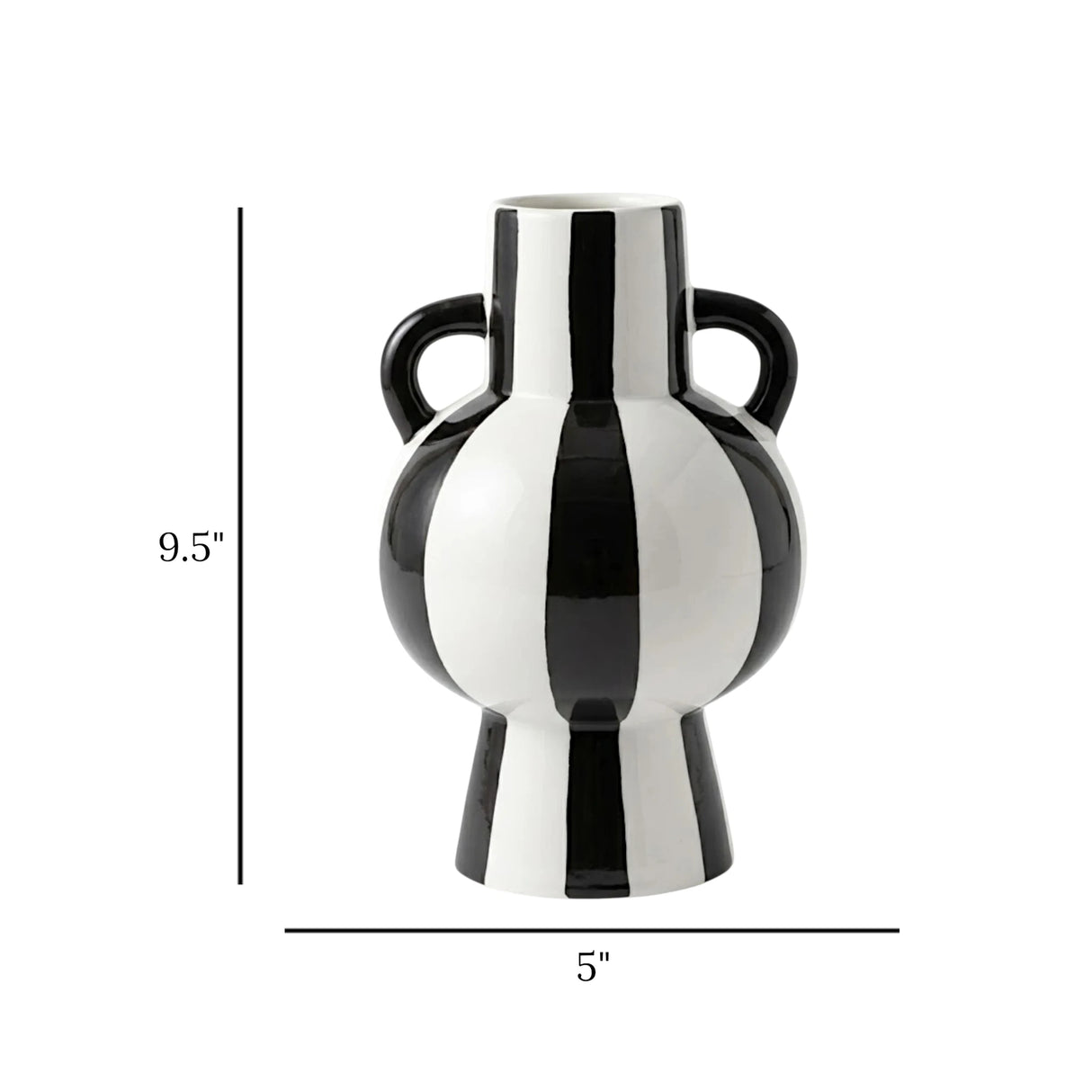 ceramic vase black & white striped with handle 9.5"x5" china