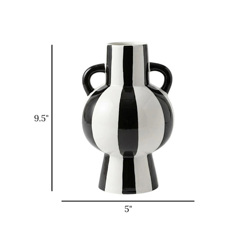 ceramic vase black & white striped with handle 9.5"x5" china