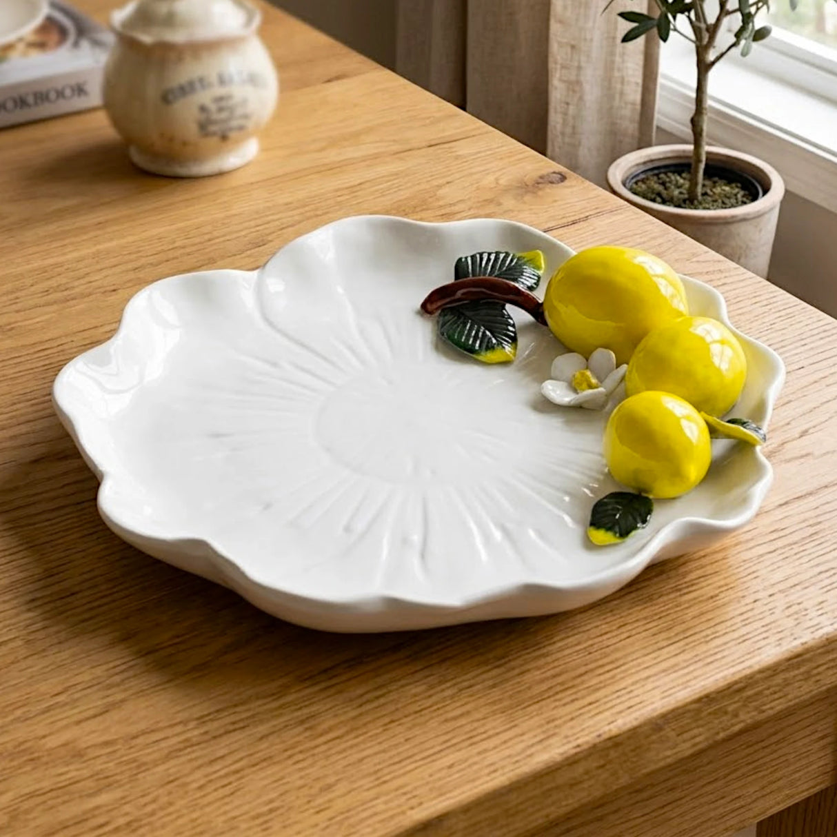 ceramic fruit dish flower 3 lemon white 8.5"x8" china