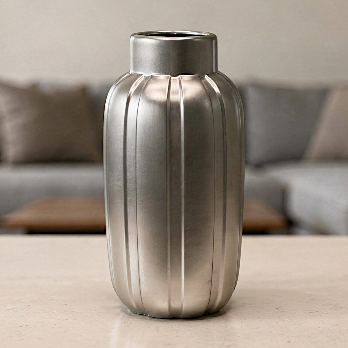 ceramic vase vertical ribbed pattern silver large 12''x5.5'' china