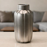 ceramic vase vertical ribbed pattern silver large 12''x5.5'' china