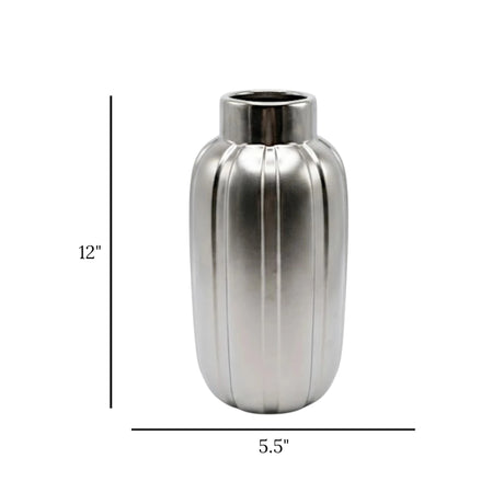 ceramic vase vertical ribbed pattern silver large 12''x5.5'' china