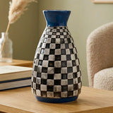 ceramic vase black & white checkered blue small 6"x4" china