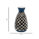 ceramic vase black & white checkered blue small 6"x4" china