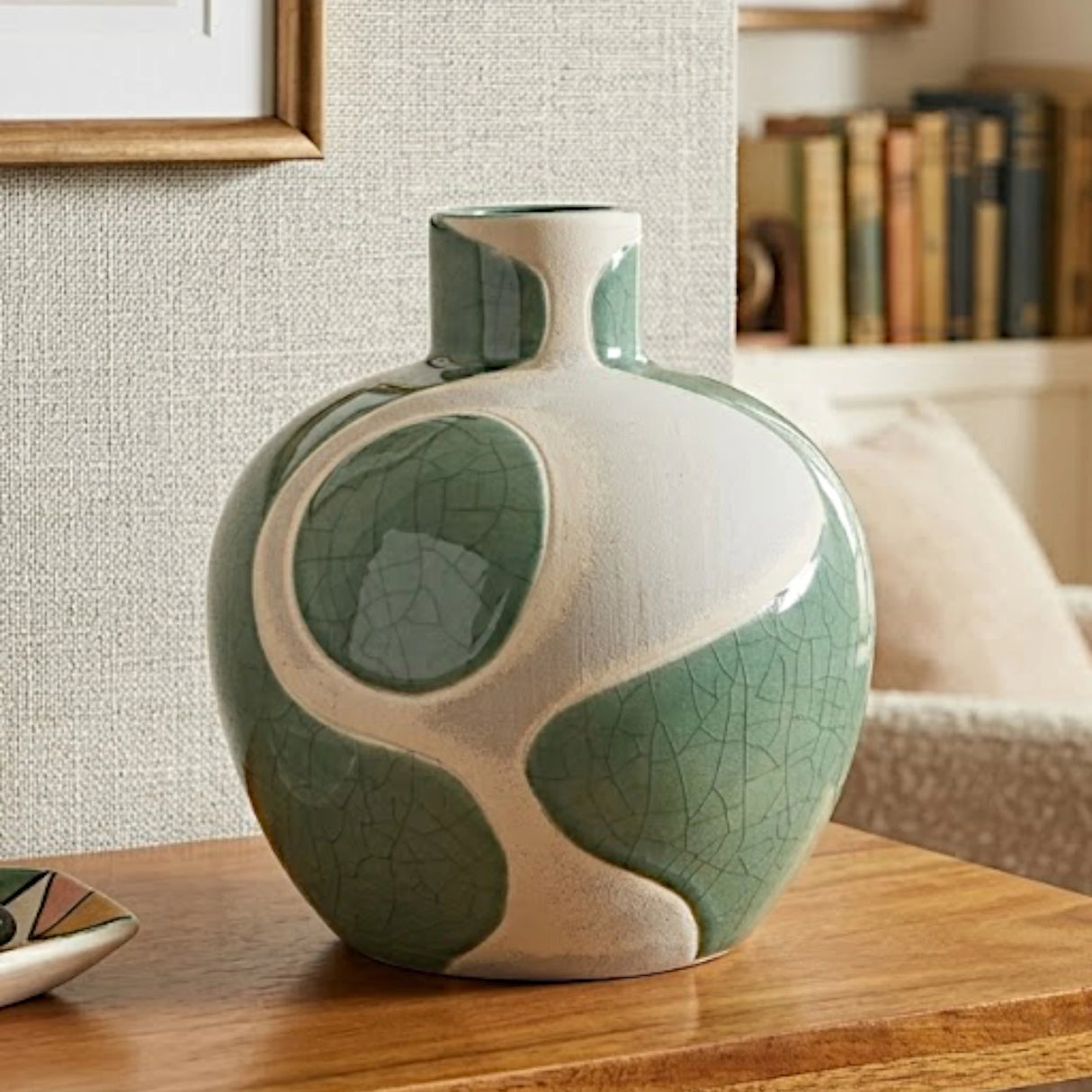 ceramic vase textured abstract green 7"x5" china