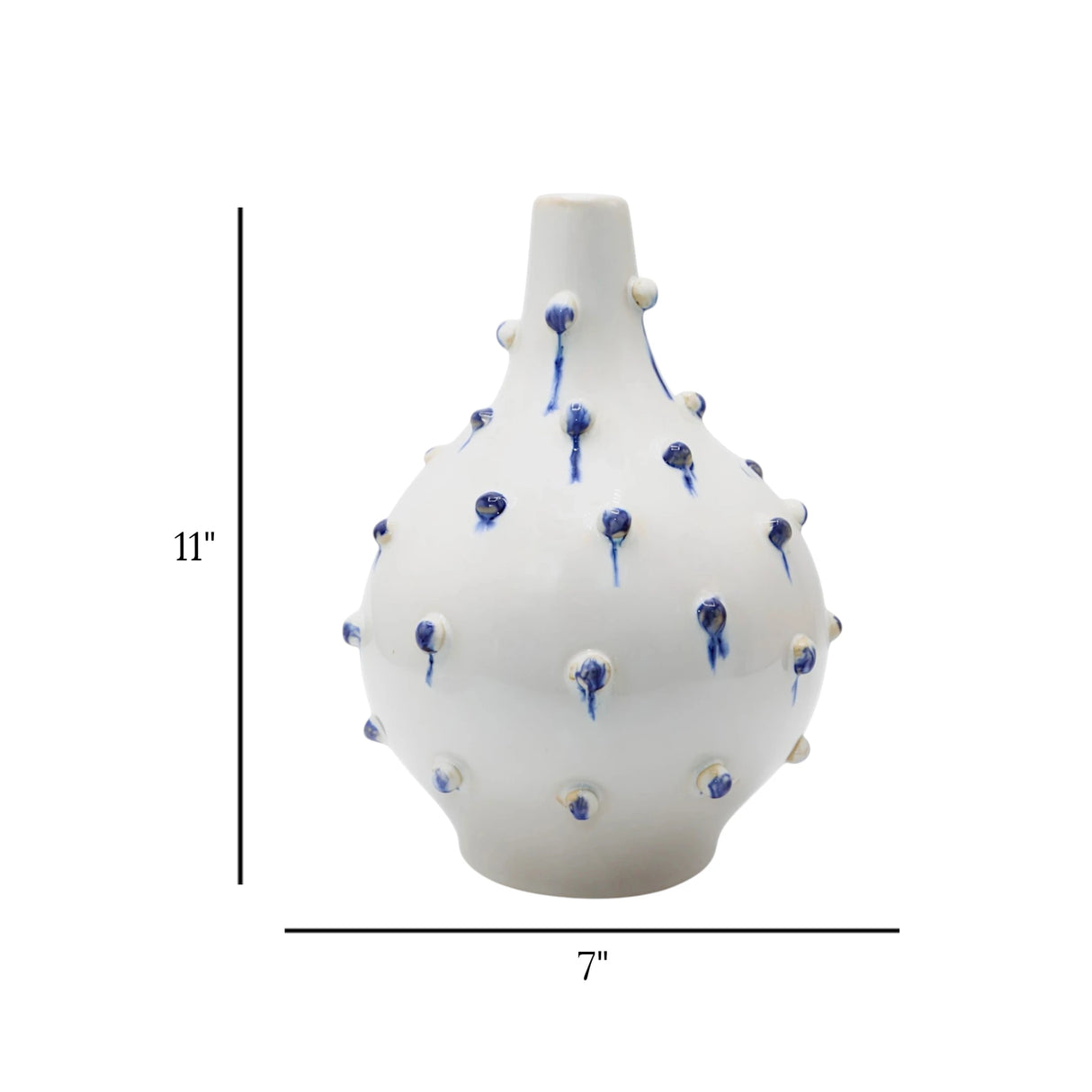 decorative ceramic vase doted white & blue 11''x7" china