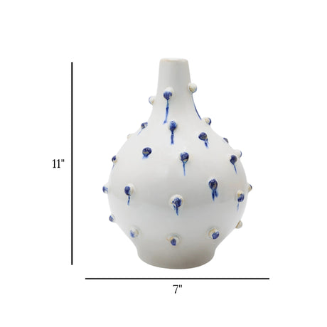 decorative ceramic vase doted white & blue 11''x7" china