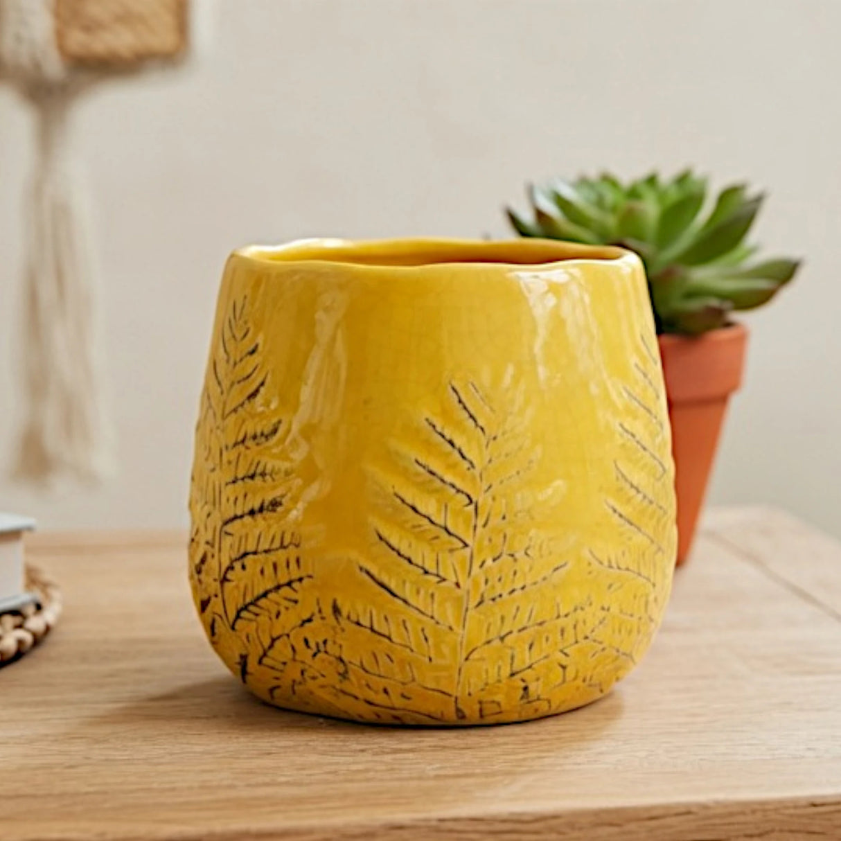 ceramic vase embosed textured leaf yellow 6"x6" china
