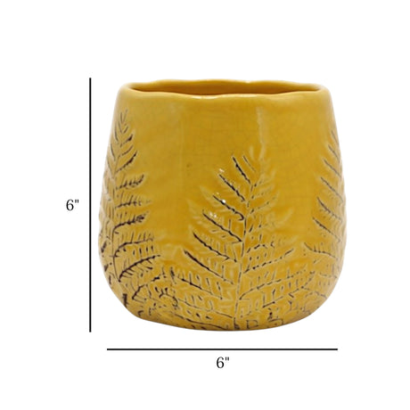 ceramic vase embosed textured leaf yellow 6"x6" china