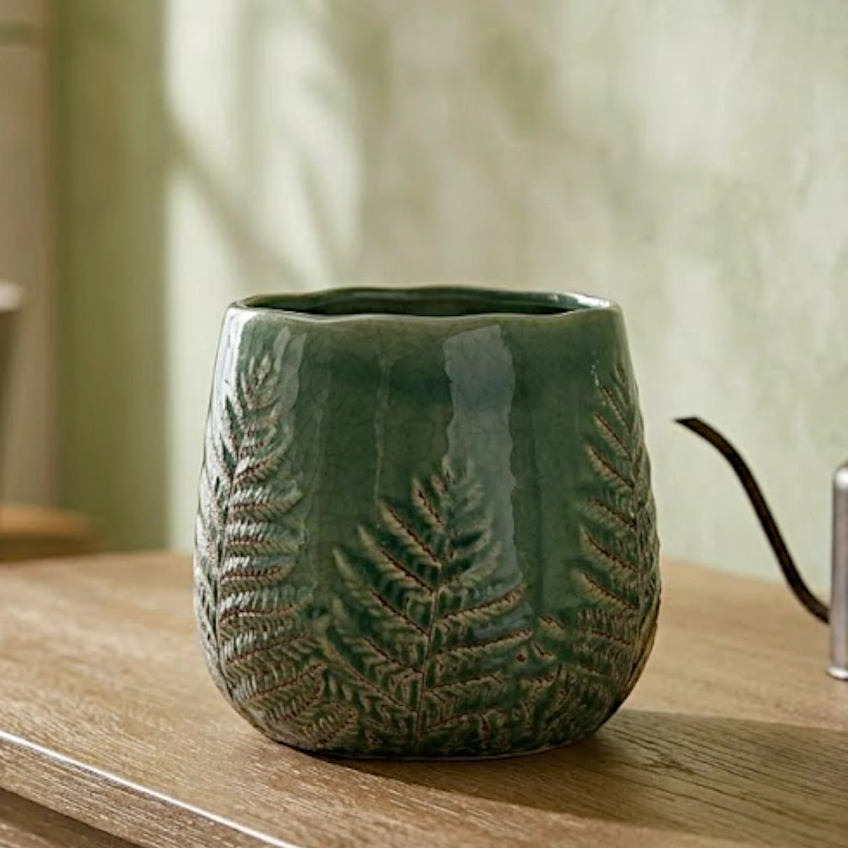 ceramic vase embosed textured leaf green 6"x6" china