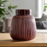 ceramic vase embosed textured maroon lines 7"x6" china