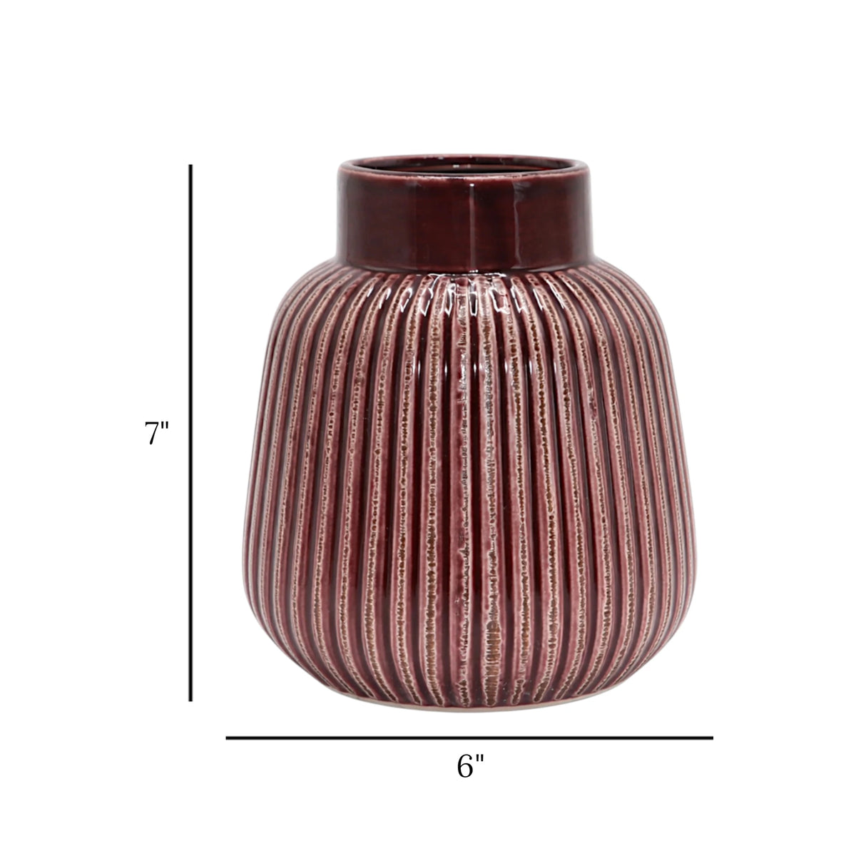 ceramic vase embosed textured maroon lines 7"x6" china