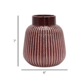 ceramic vase embosed textured maroon lines 7"x6" china