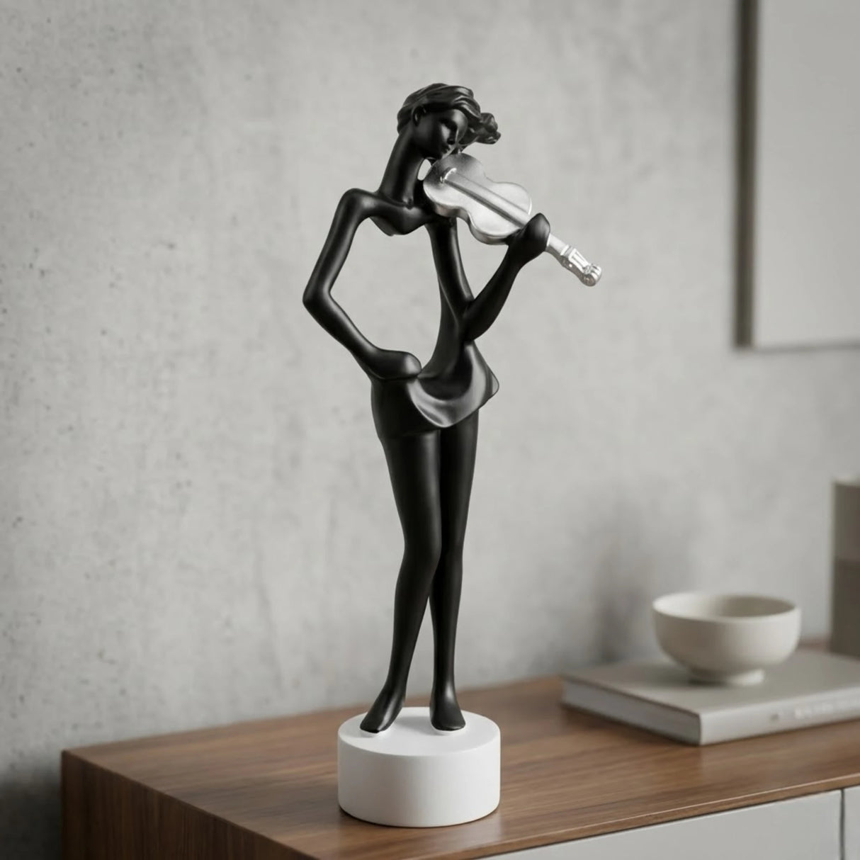 statue girl musician violin perormance black 11.5''x3" china
