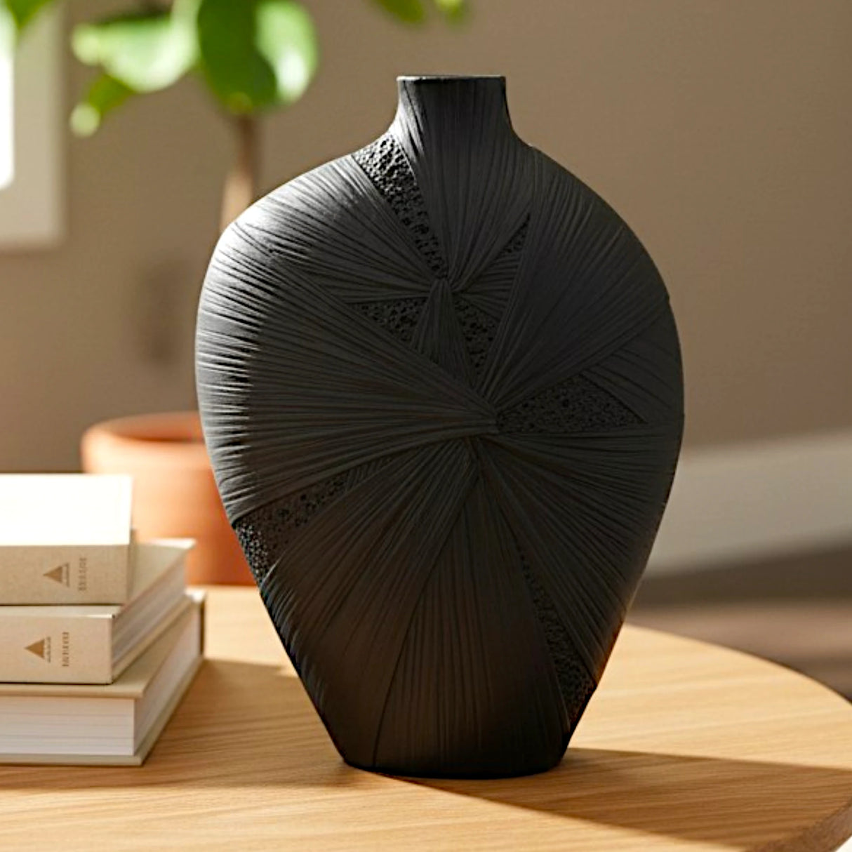 decorative geometric textured vase resin black color 12"x9" china