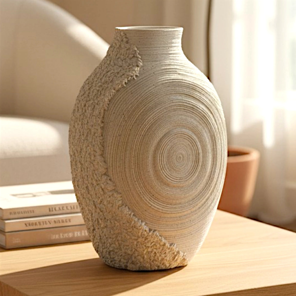 decorative dual texture spiral ring vase ceramic beige color 8"x12" china