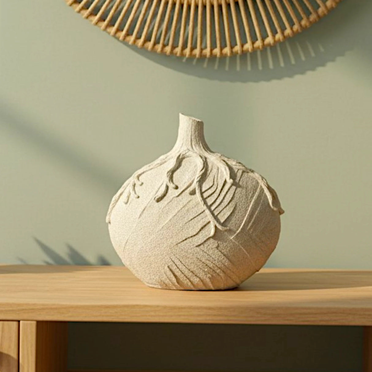 decorative round bulb leaf embossed vase ceramic beige color 10"x10" china