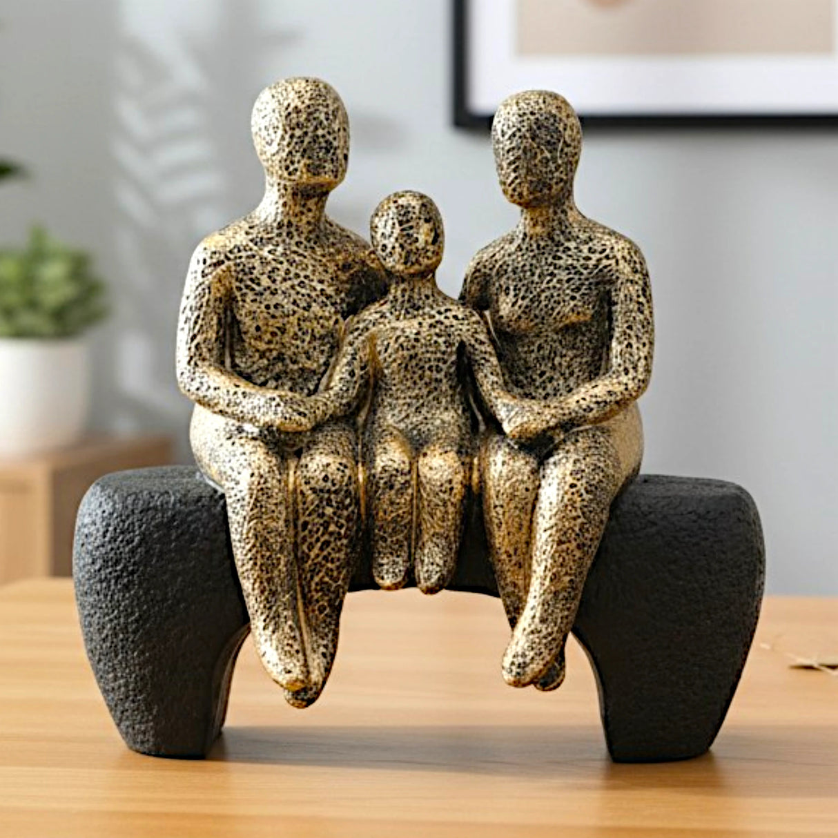 decorative abstract family of three sitting statue resin gold and black color 8"x8" china
