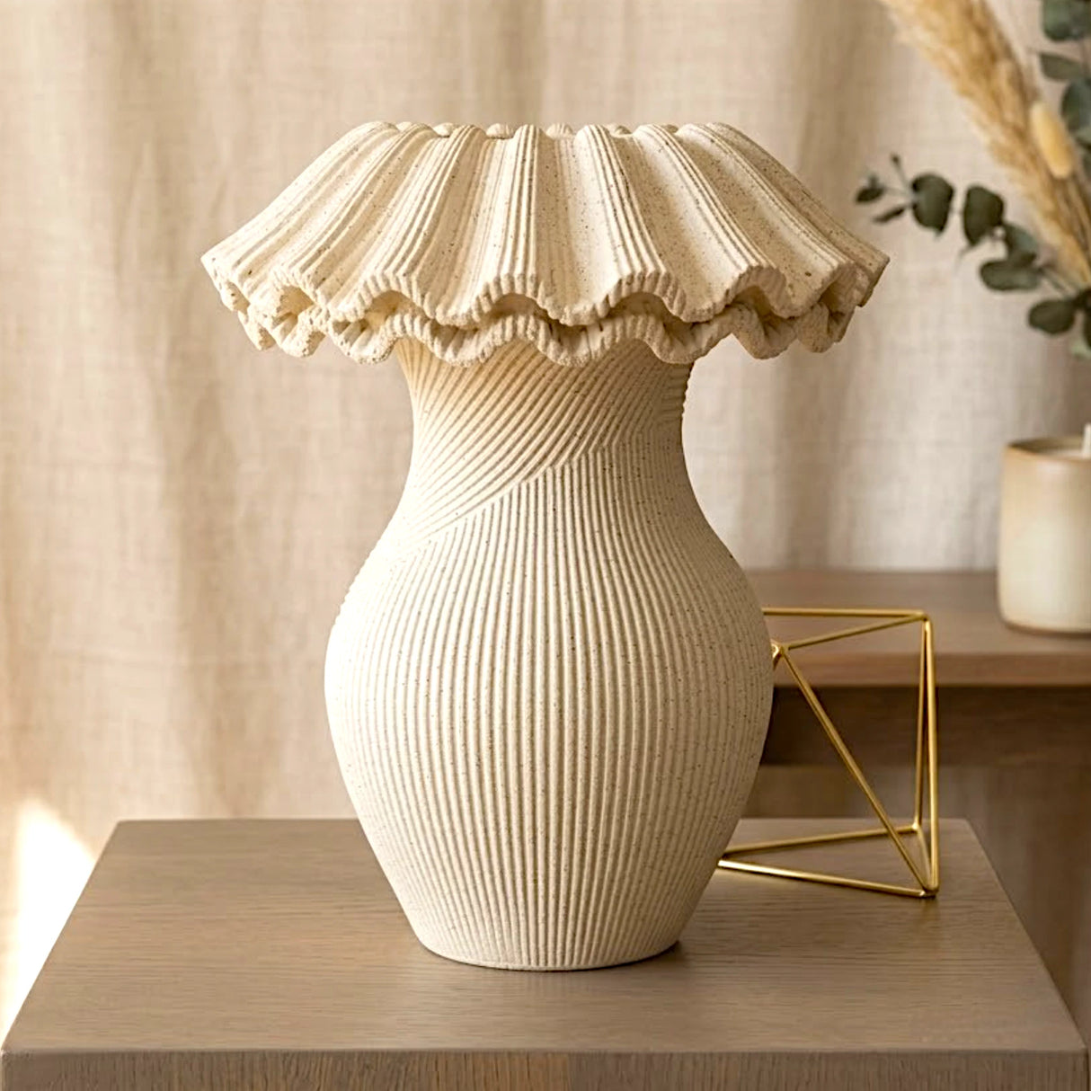 decorative fluted ruffle rim ribbed body vase ceramic beige color 7"x10" china