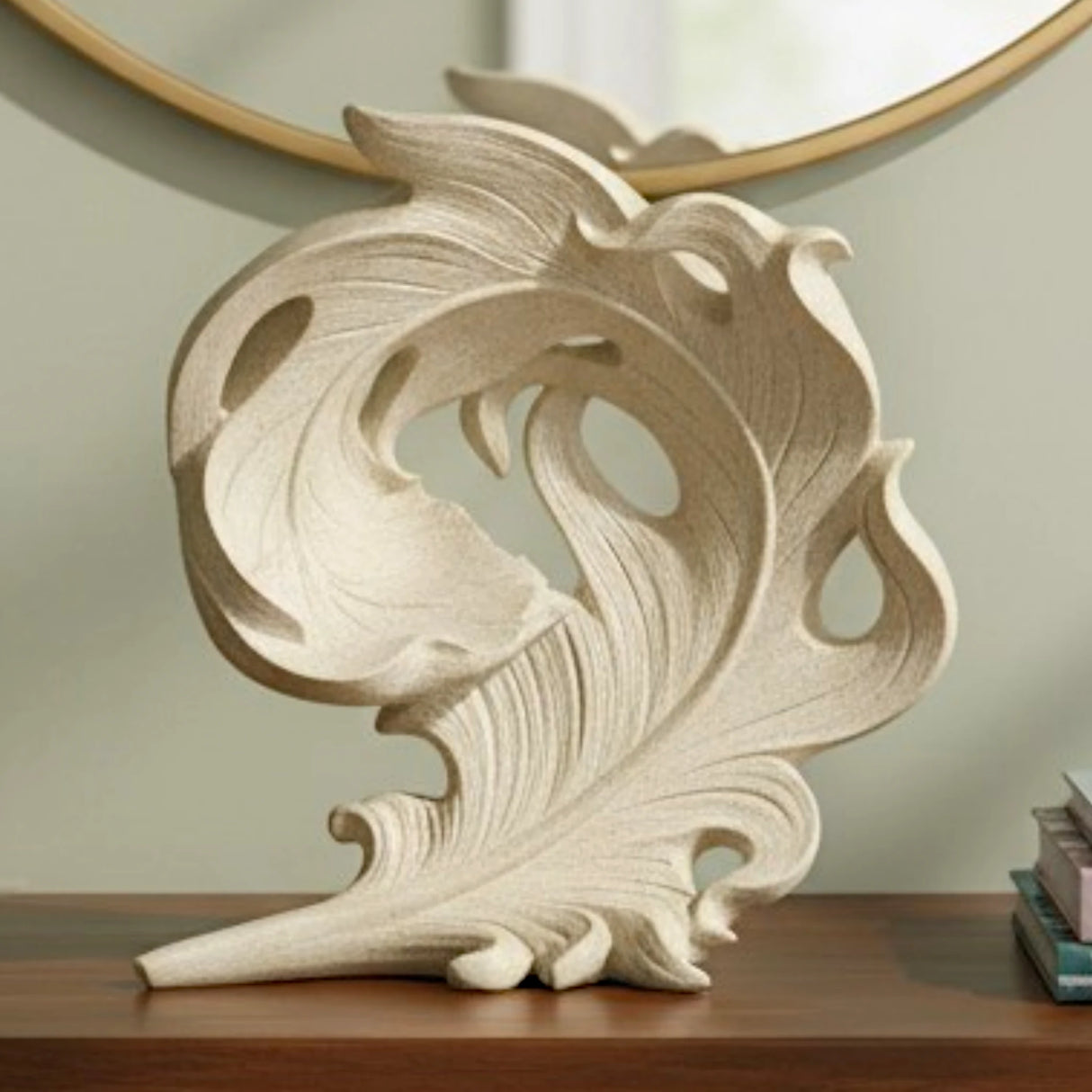 decorative open carved swirl leaf wave statue resin beige color 8"x9" china