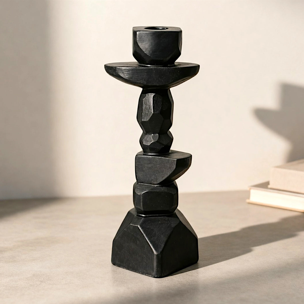 decorative geometric carved candle holder resin black color 3"x9" china