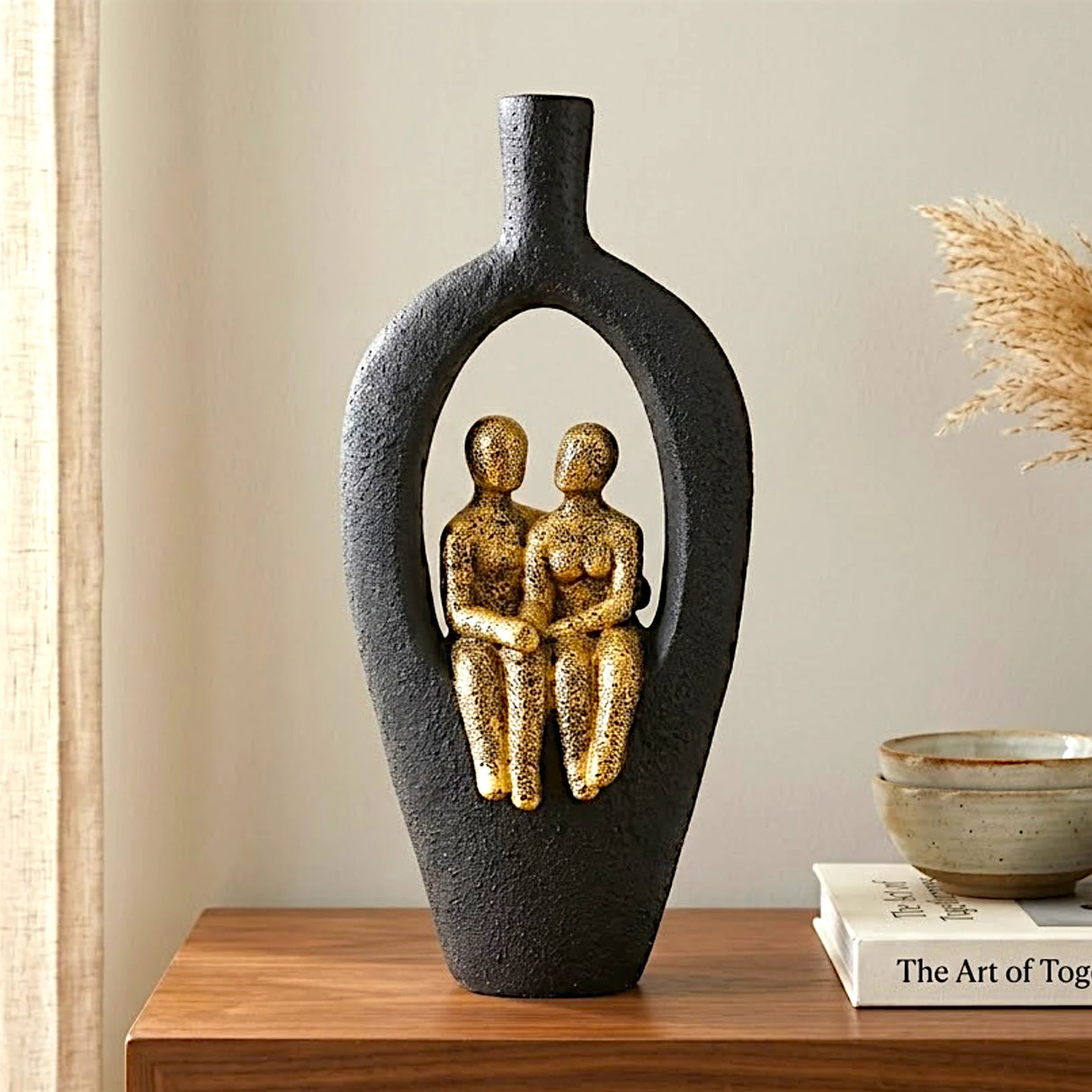 romantic couple figurine vase statue resin black & gold color 6"x14" china