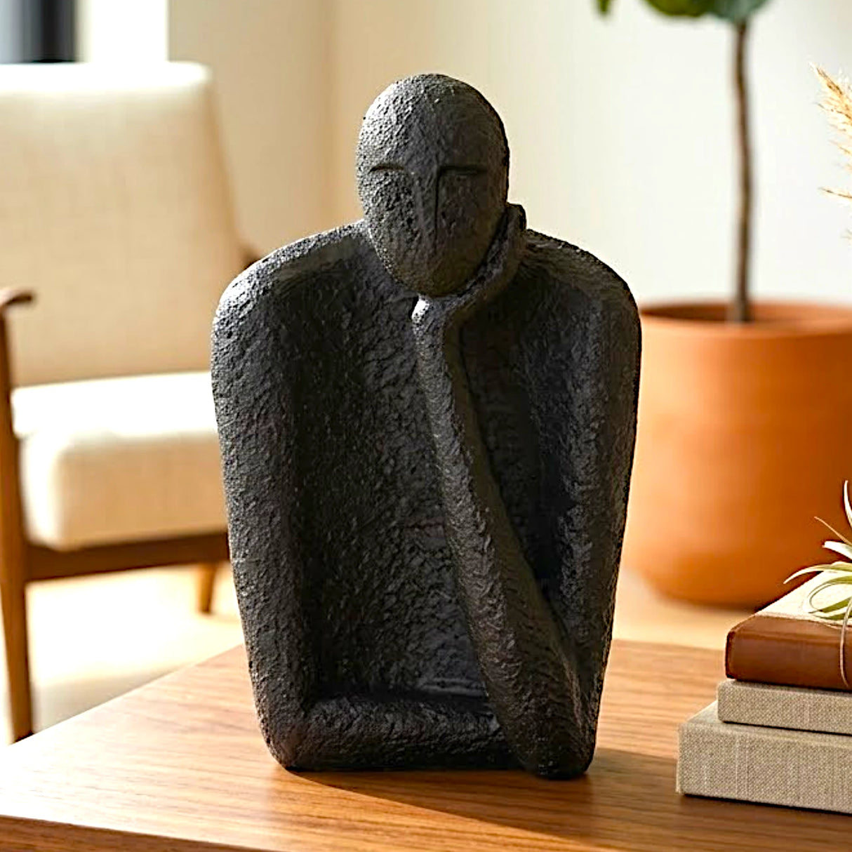 statue deep thinker below one hand black 6x3 china