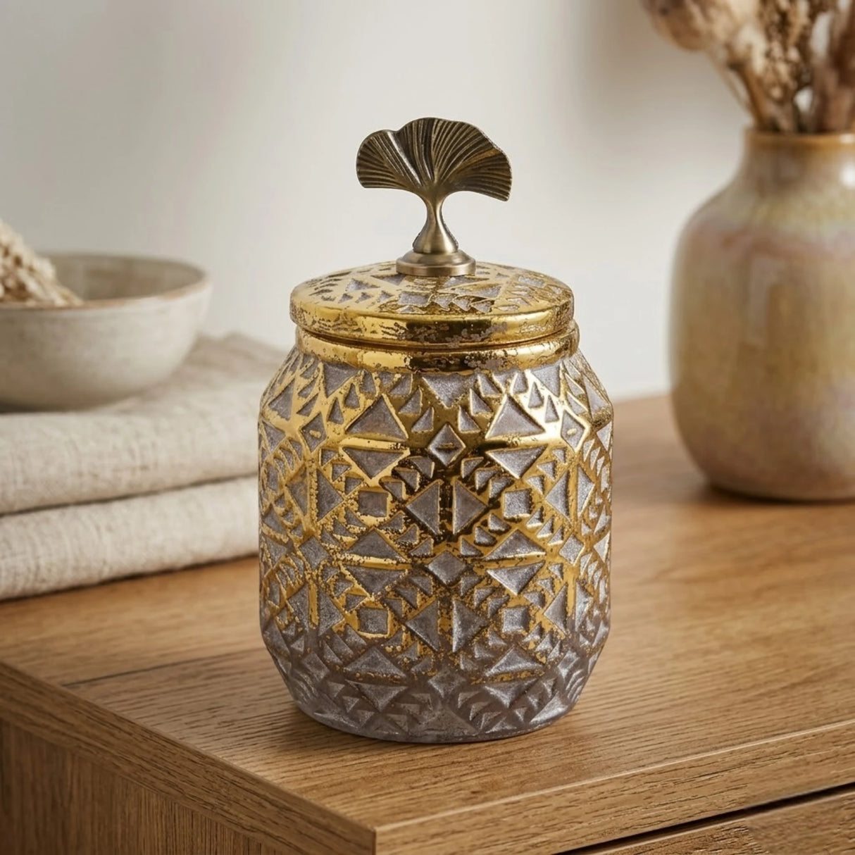 ceramic candy jar textured golden & brown small china