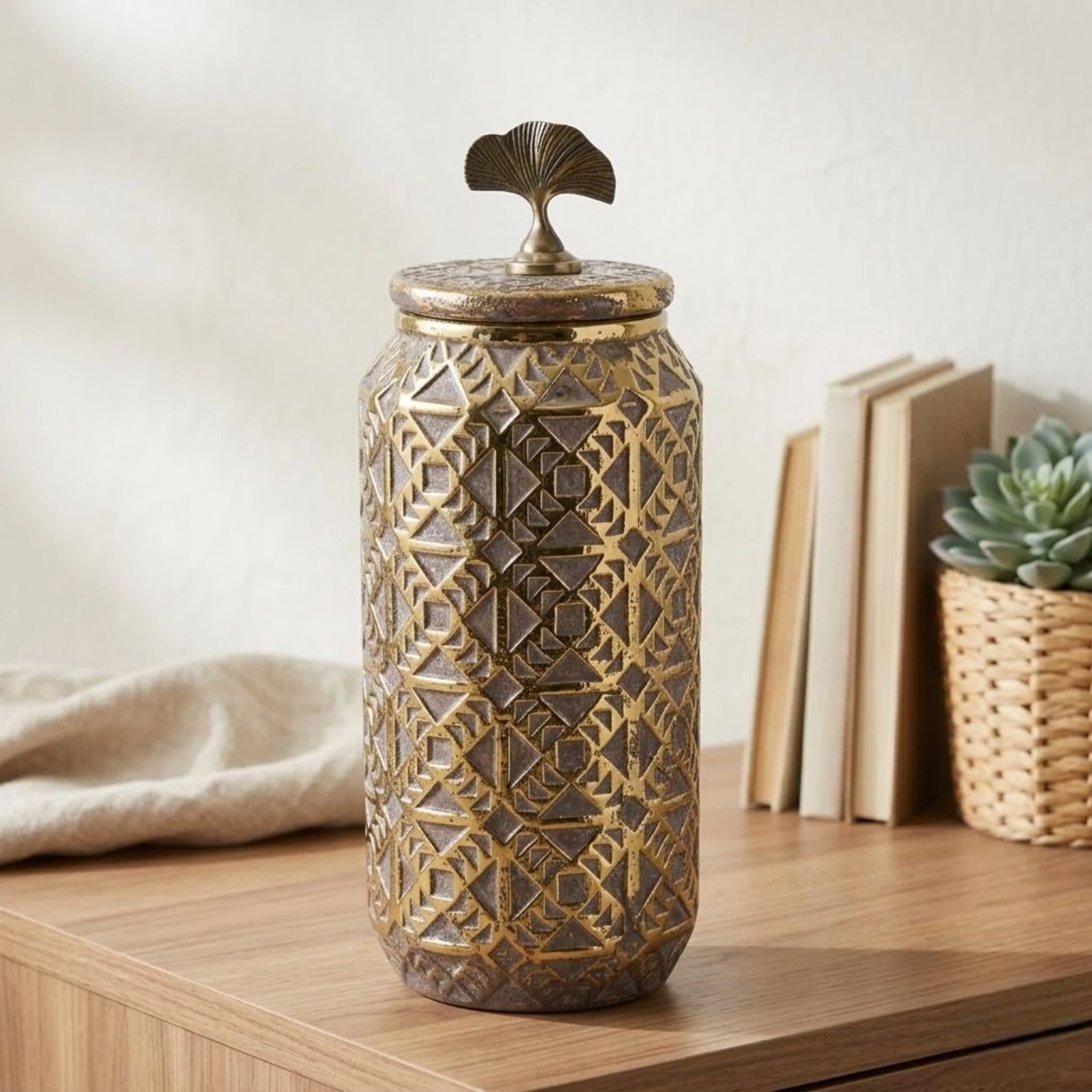 ceramic candy jar textured golden & brown large china