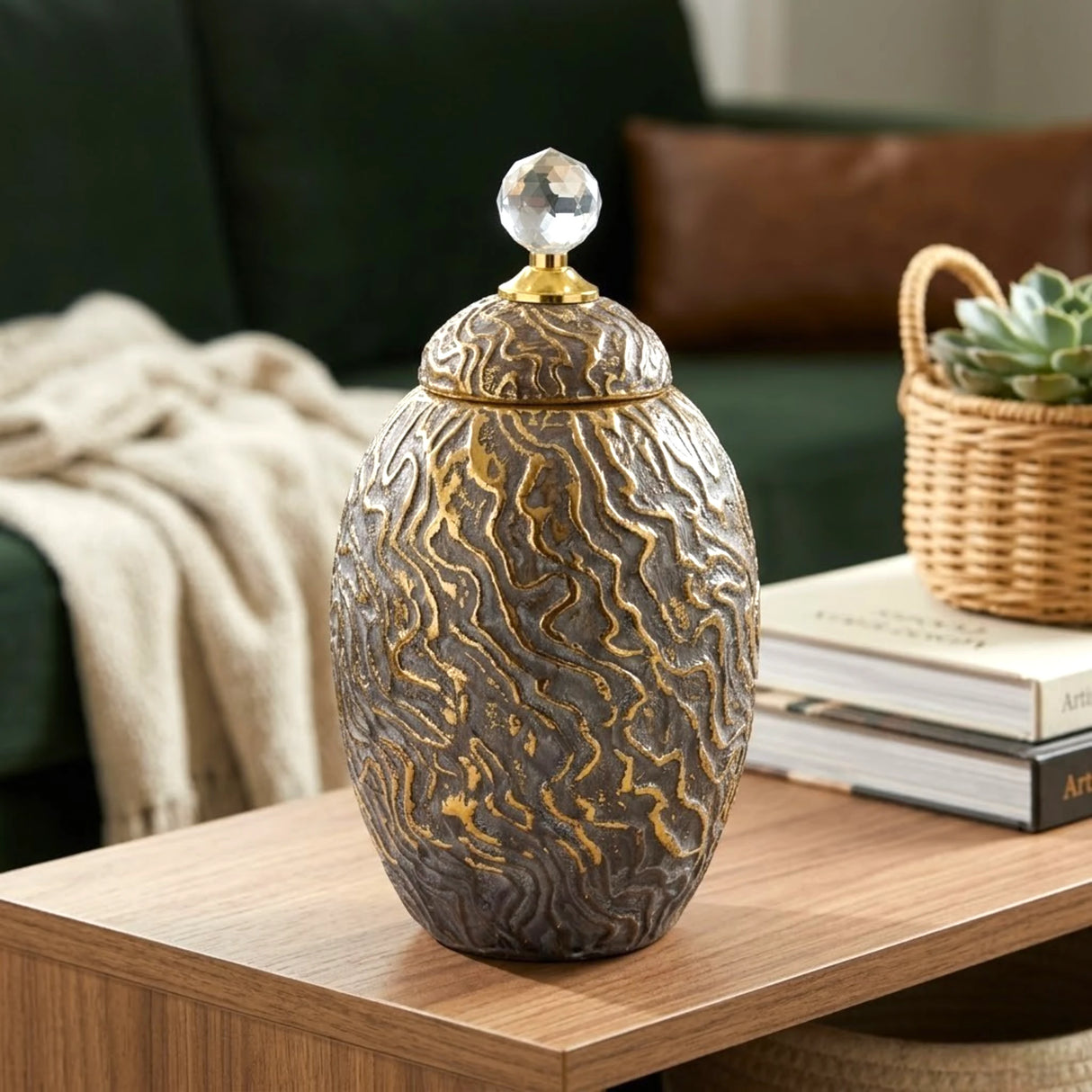 ceramic candy jar textured grey & golden small china