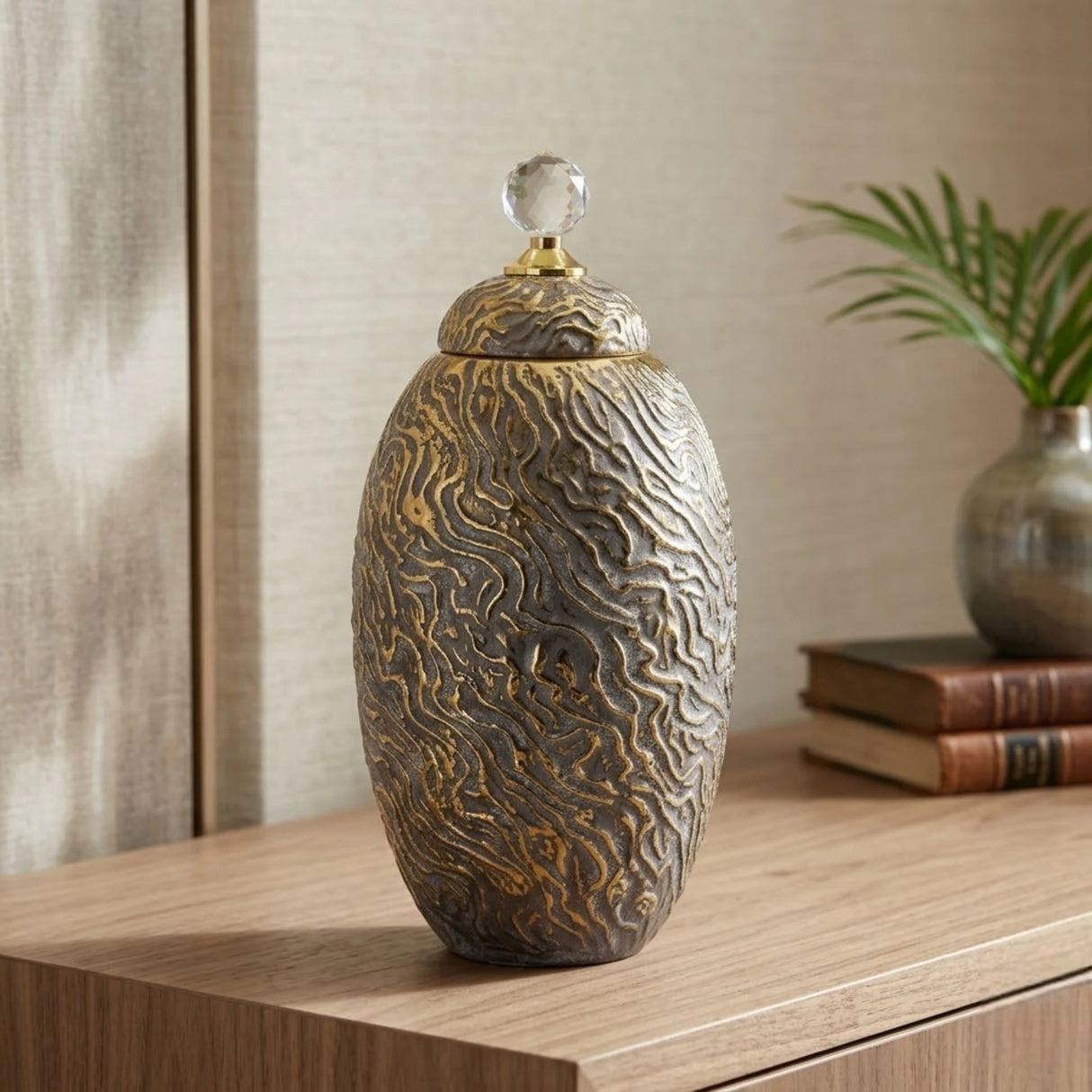ceramic candy jar textured grey & golden large china