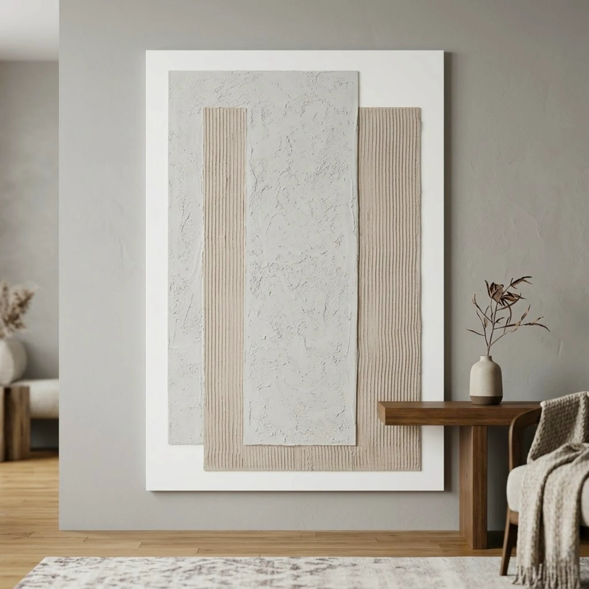 abstract 3d layered ribbed texture framed canvas wall art white & beige color 47"x31.5'' china