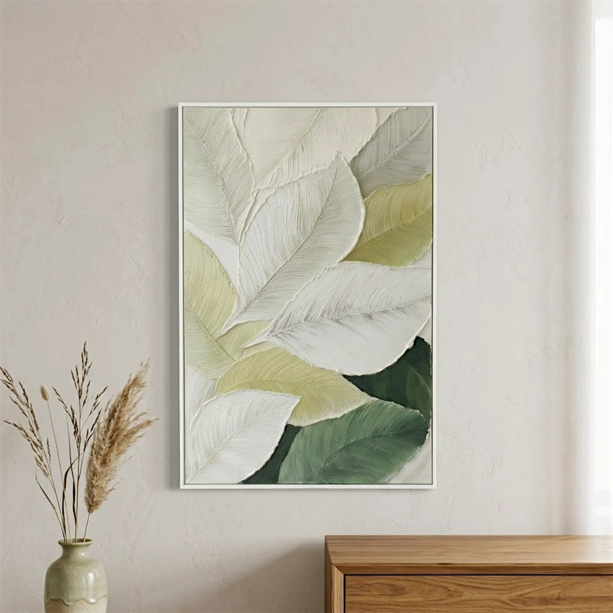 wall art canvas white green 3d textured tropical leaf print 32.5''x48.5'' china