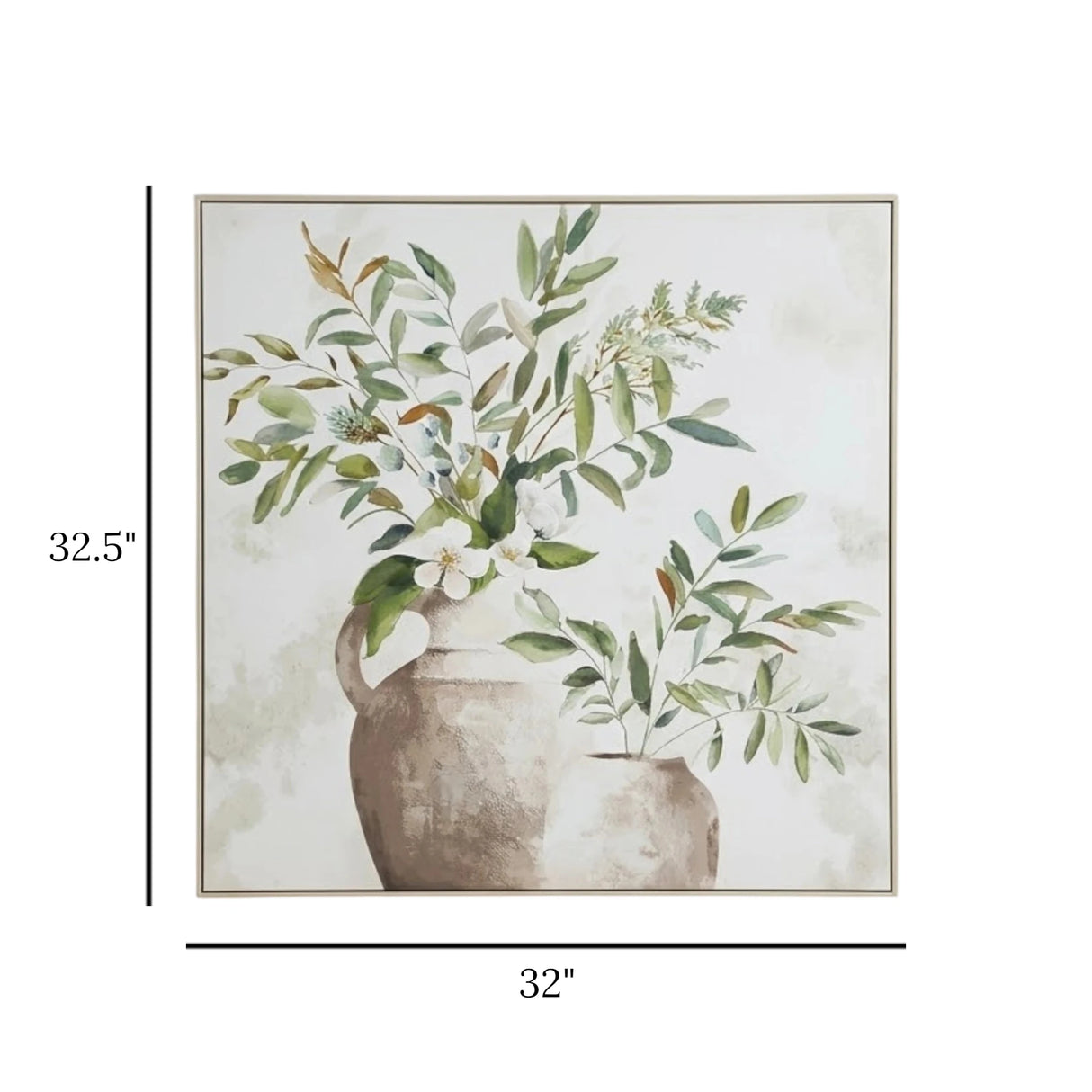botanical greenery rustic vase framed canvas wall art green & beige color 32''x32.5'' china