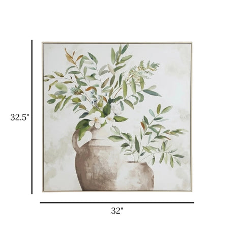 botanical greenery rustic vase framed canvas wall art green & beige color 32''x32.5'' china