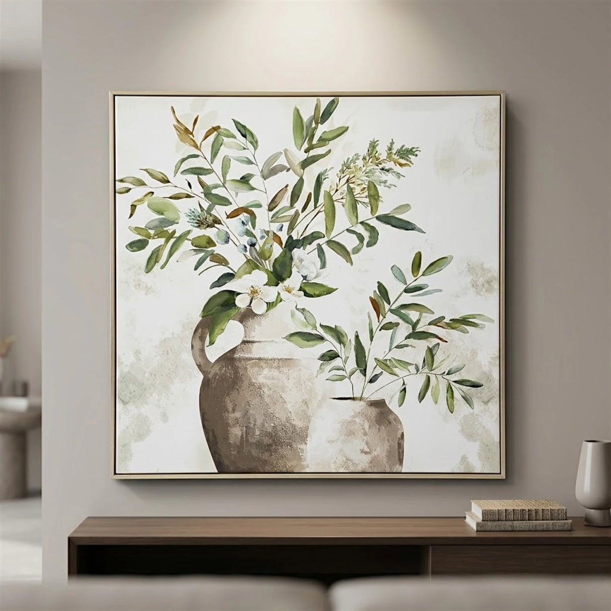 botanical greenery rustic vase framed canvas wall art green & beige color 32''x32.5'' china