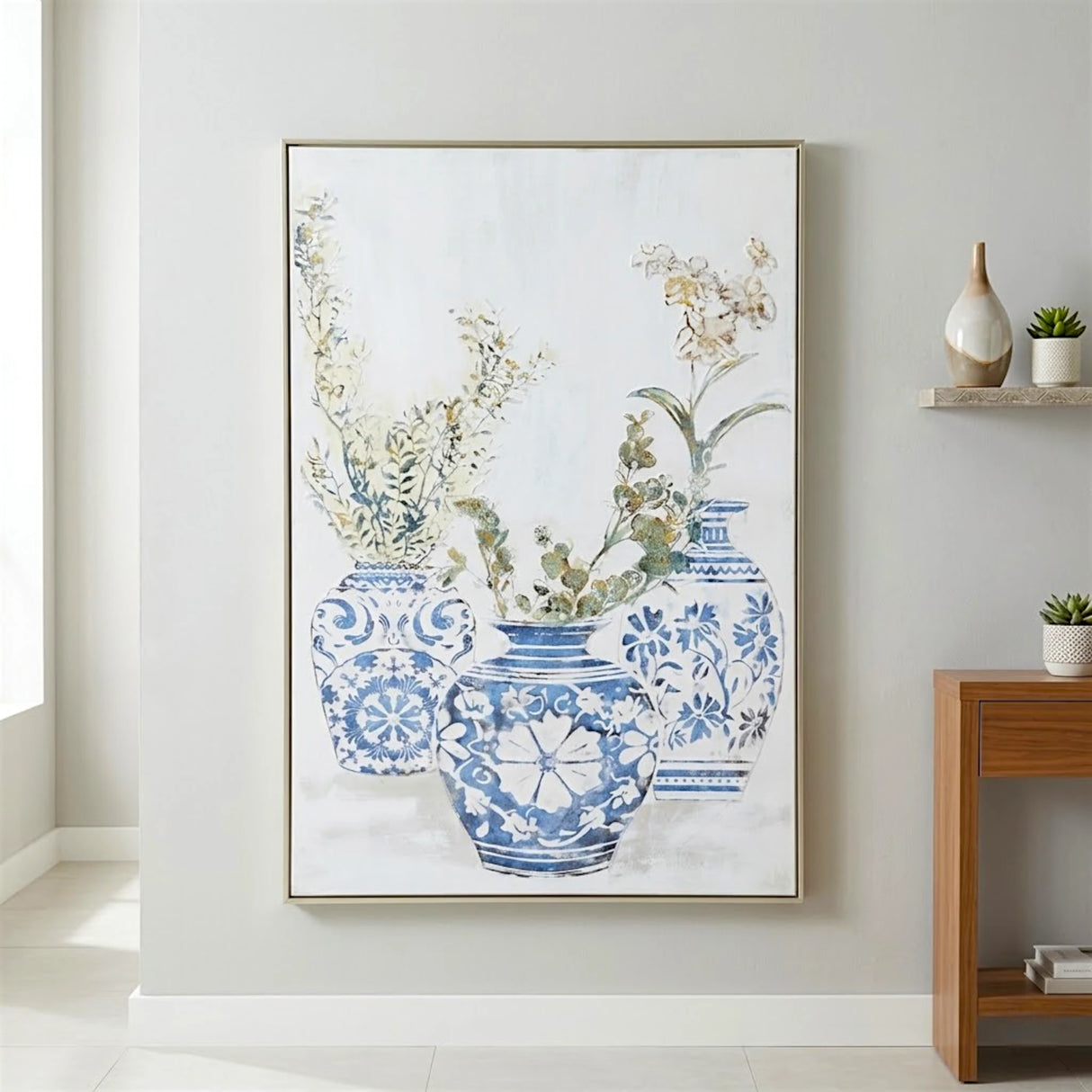 chinoiserie blue & white floral vase framed canvas wall art blue & white color 49"x32'' china