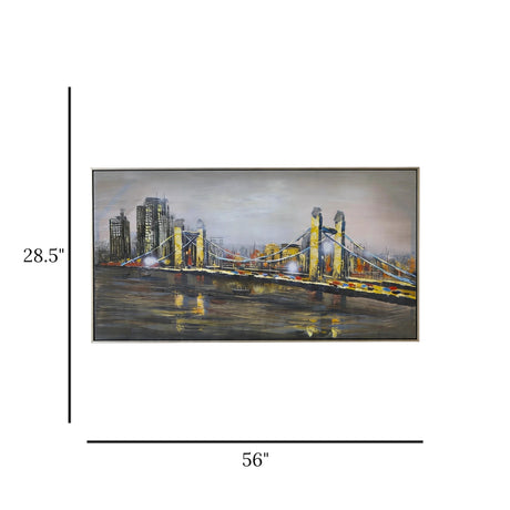 city bridge skyline hand painted framed canvas wall art canvas gray & yellow color 28.5''x56'' china