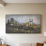 city bridge skyline hand painted framed canvas wall art canvas gray & yellow color 28.5''x56'' china