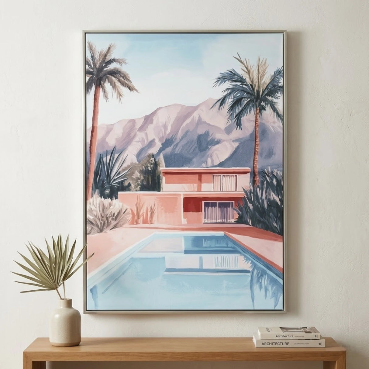 tropical palm springs pool villa framed canvas wall art canvas pink & blue color 32.5''x48.5'' china