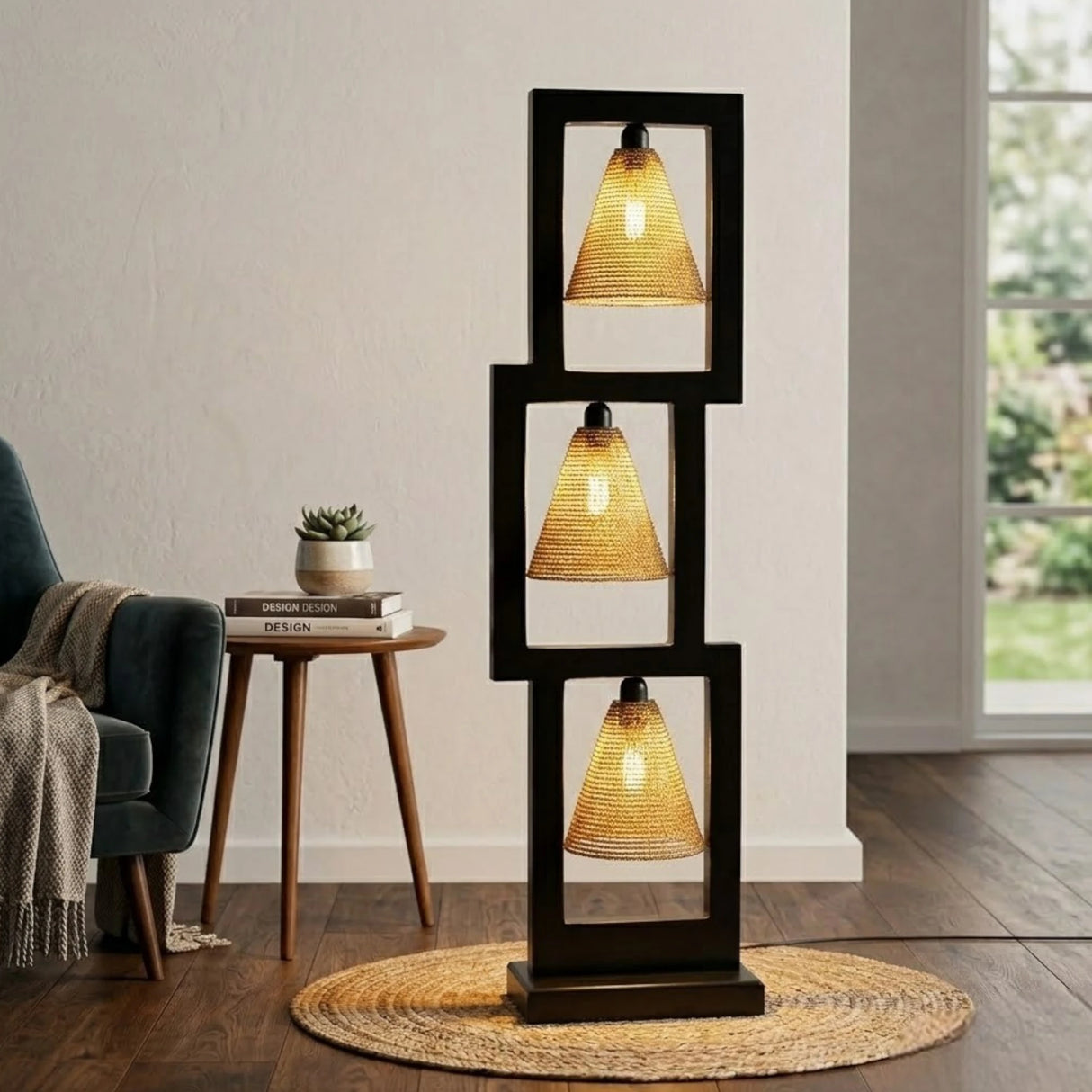wooden floor lamp 3 box with acralic cone shade 50''x13''