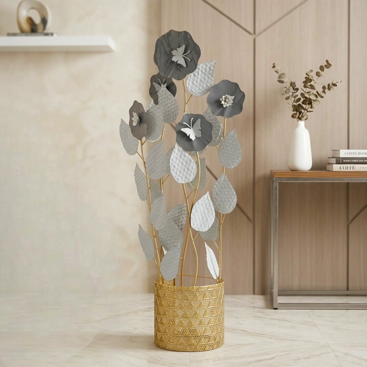 metal hanging vase flower & leaves 5s golden 40''x13'' china