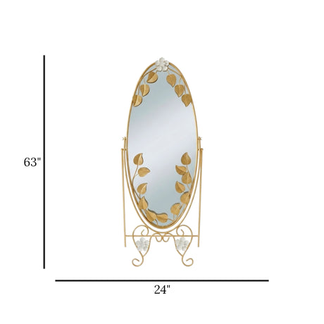 metal standing mirror flower & leaves golden 63''x24'' china