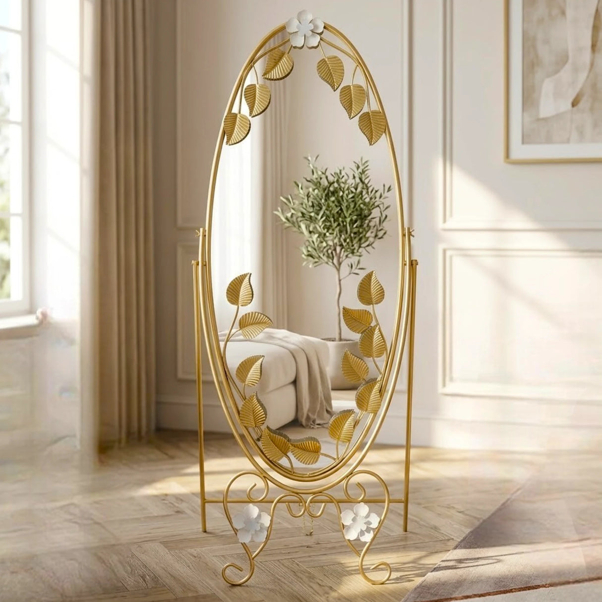 metal standing mirror flower & leaves golden 63''x24'' china