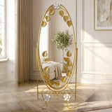 metal standing mirror flower & leaves golden 63''x24'' china