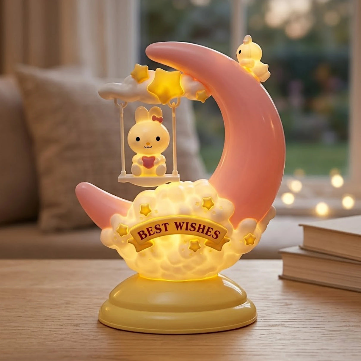 night lamp plastic pink yellow cute bunny moon swing best wishes design china