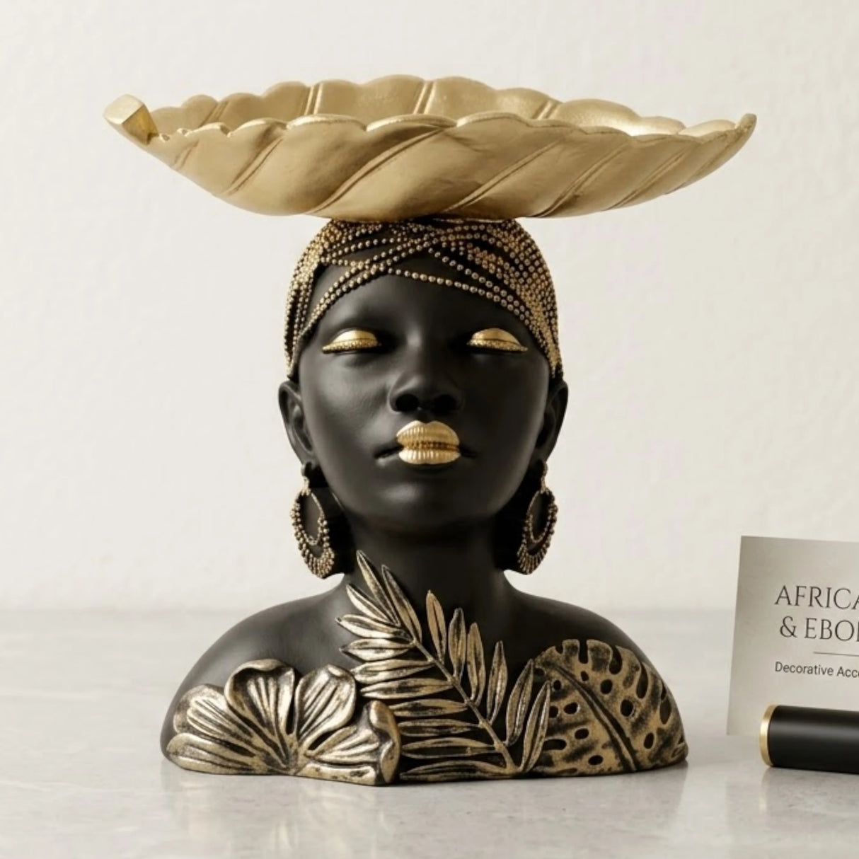statue women wearing head piece leaf black & golden  9''x7.5'' china