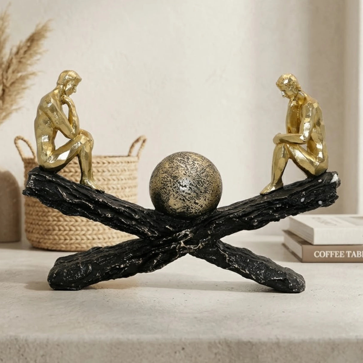 statue 2 men sitting on x black & golden 8''x9.5'' china