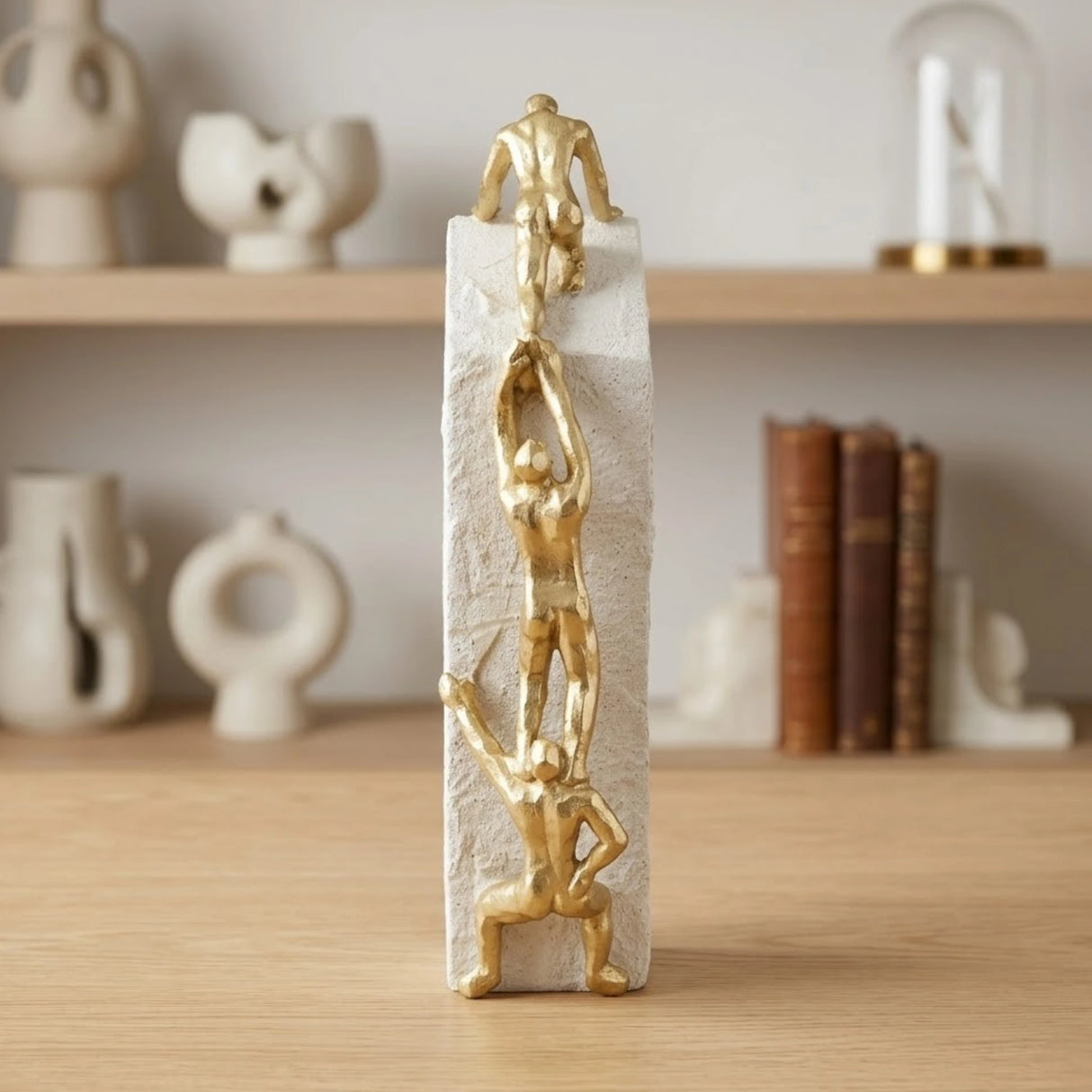 statue 3 men climbing team work white & golden  10''x2.5'' china