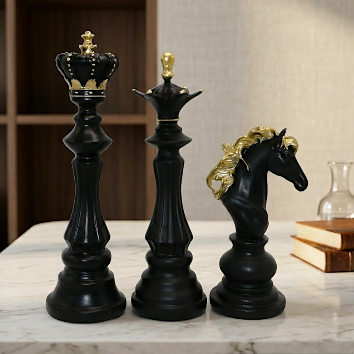 statue chess piece 3pc set black & golden 11''x8'' china